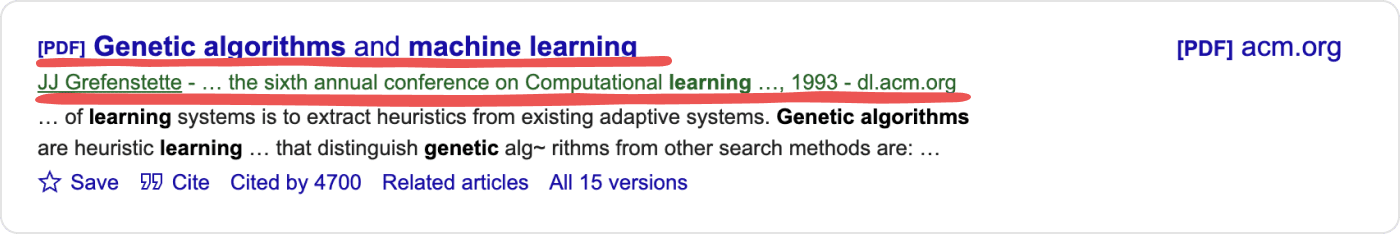 Google Scholar single search result entry